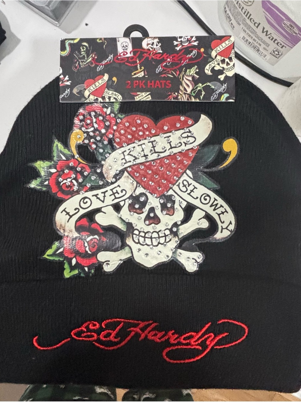 Ed Hardy Mens Black Beanie Hat 2 PACK with Heart & Skull Design